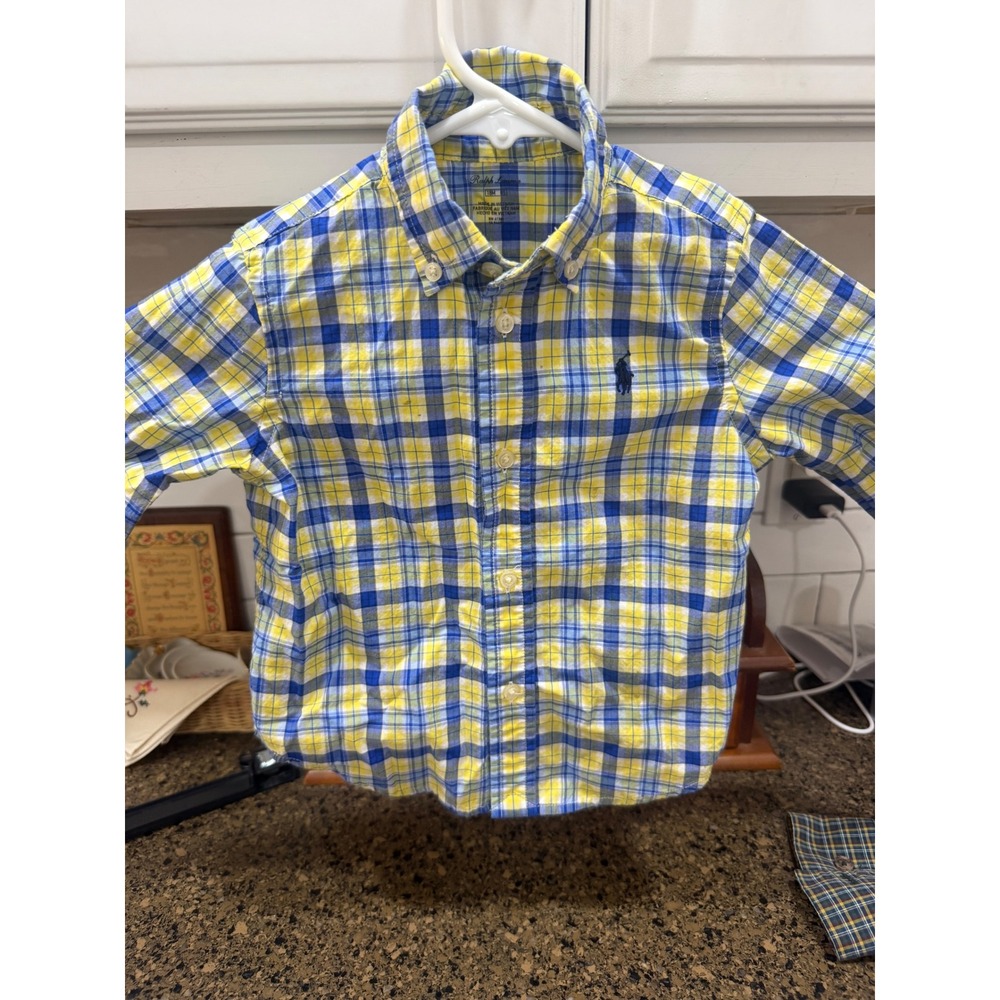 Ralph Lauren Boys 18M Yellow Blue Plaid Button Down Shirt Long Sleeve Pony Logo